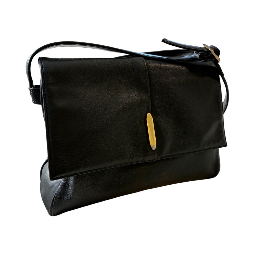 Genuine Leather Black Shoulder Bag Flap Over Body‎ Crossbody with Gold Accent